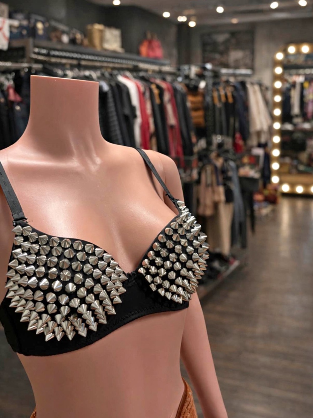34B Studded Black Push-Up Bra with Silver Spikes